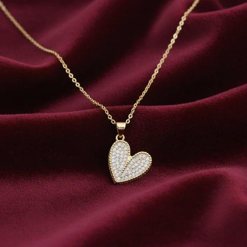 CZ Heart necklace, Gold - 20 inch - - LadybugfeetDesigns -