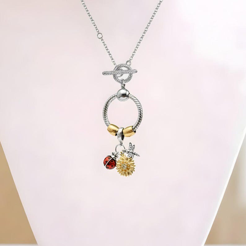 Garden Party Sterling Silver Toggle Charm Necklace, 20 inches - - LadybugfeetDesigns -