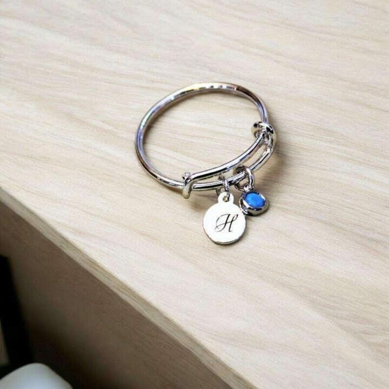 Expandable Initial & Birthstone Charm Ring,Gift for her - - LadybugfeetDesigns -