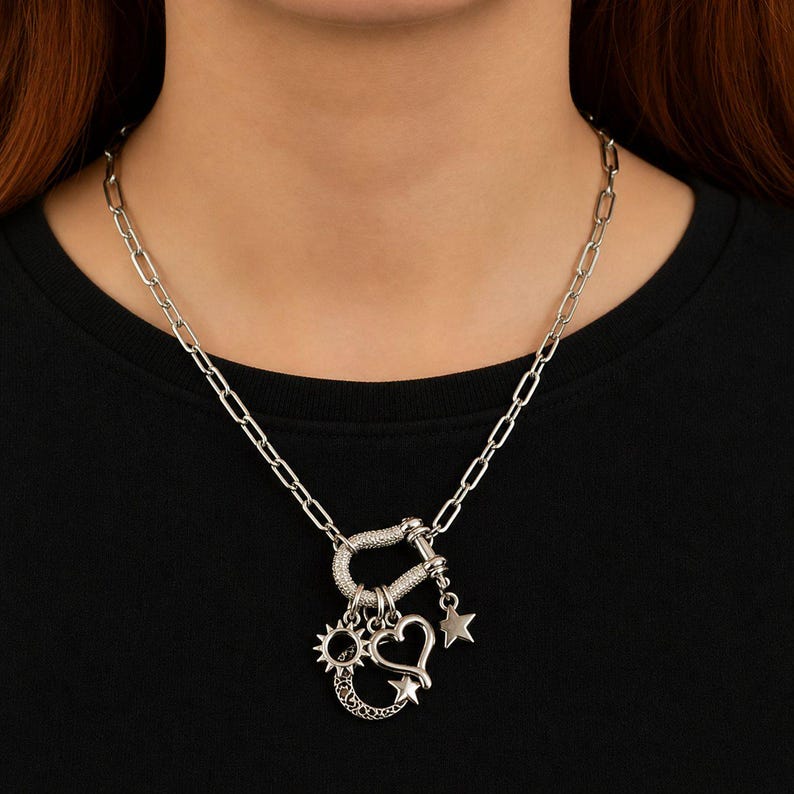 Celestial Crescent Moon and Heart Shackle Clasp Carabiner Necklace, Silver - 20 inch - - LadybugfeetDesigns -
