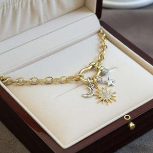 Gold CZ Sun and Silver Moon and Star Shackle Clasp Carabiner Necklace, Gold - 20 inch - - LadybugfeetDesigns -