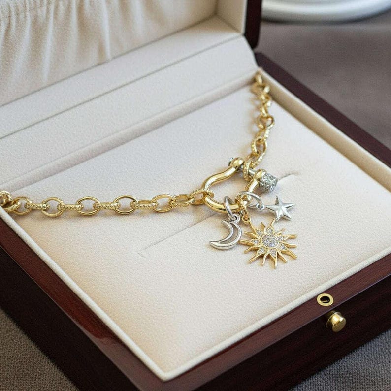 Gold CZ Sun and Silver Moon and Star Shackle Clasp Carabiner Necklace, Gold - 20 inch - - LadybugfeetDesigns -