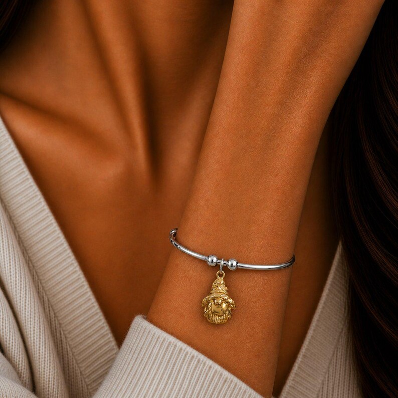 Gold Gnome Euro Bangle Cuff, Silver - - LadybugfeetDesigns -