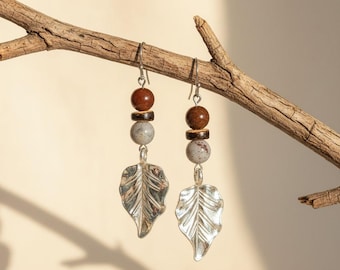 Large Leaf Tourmaline Hook Earrings, Silver