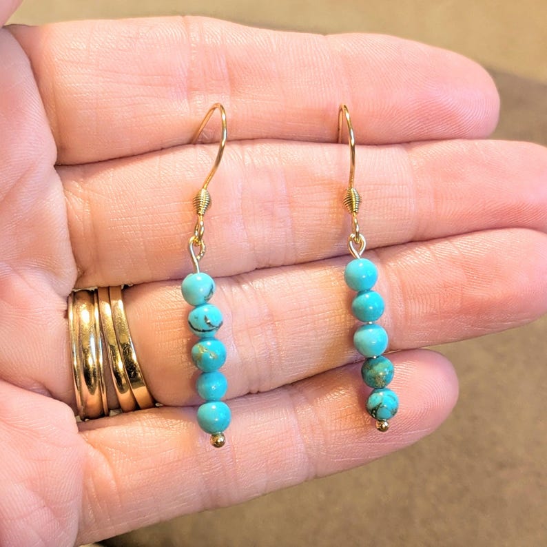 Turquoise Beaded Hook Earrings, Gold - - LadybugfeetDesigns -