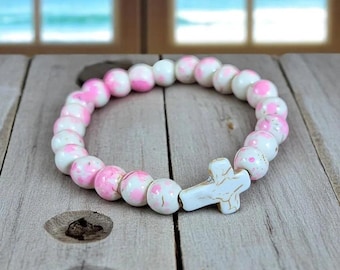 Pink Ivory Beaded Cross Stretch bracelet