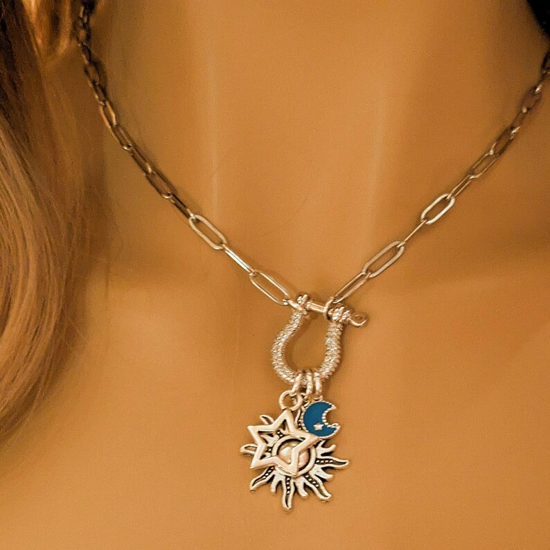 Fiery Sun, Blue Moon and Star Shackle Clasp Carabiner Necklace, Silver - Adjusts up to 20 inches - - LadybugfeetDesigns -