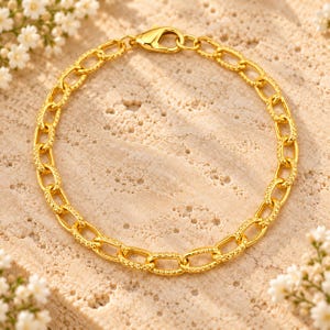 Base para Pulseira de Berloques com Elos Ovais Texturizados em Ouro 24K - Faça Você Mesmo - Monte Sua Pulseira de Berloques!