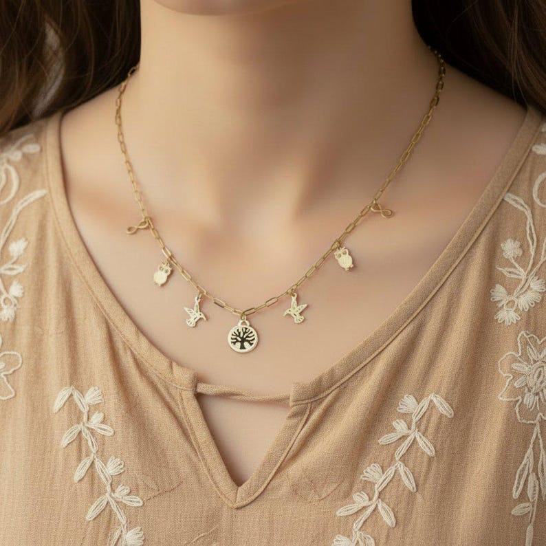 Nature Vibes Multi Charm Link Necklace, Gold- 20 inch - - LadybugfeetDesigns -