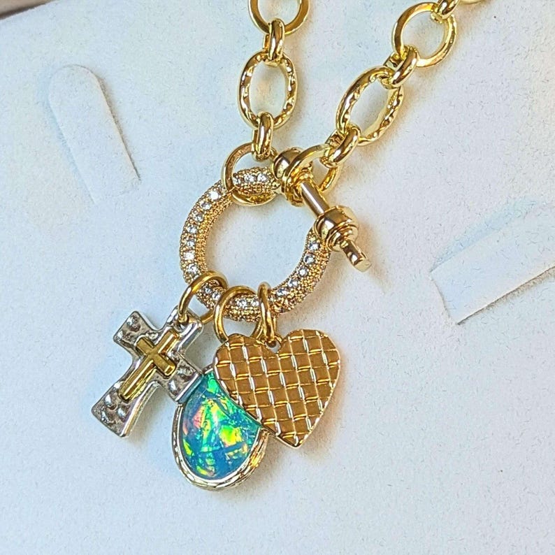 Two Tone Cross, Faux Opal and Heart Shackle Clasp Carabiner Necklace, Gold - Adjusts up to 20 inches - - LadybugfeetDesigns -