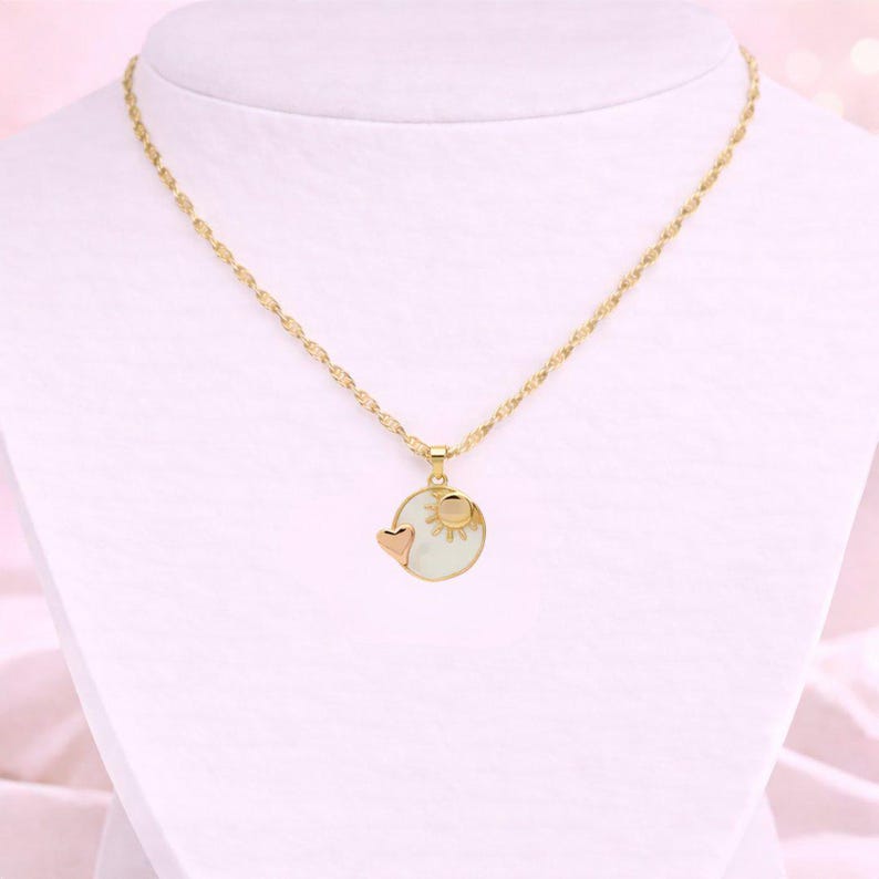 Pearl Shell Heart Sun necklace, Gold- 20 inch - - LadybugfeetDesigns -