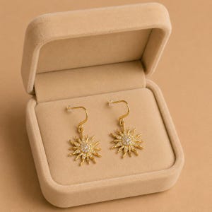 Fiery Sun Charm Drop Hook Earrings, Gold - - LadybugfeetDesigns -