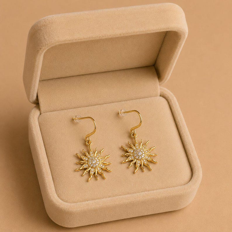 Fiery Sun Charm Drop Hook Earrings, Gold - - LadybugfeetDesigns -