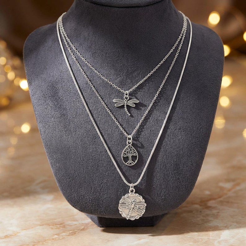 Dragonfly Layered Necklace Set, Silver - - LadybugfeetDesigns -