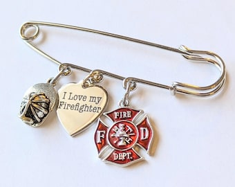 I Love My Firefighter Safety Pin Brooch, Purse Charm
