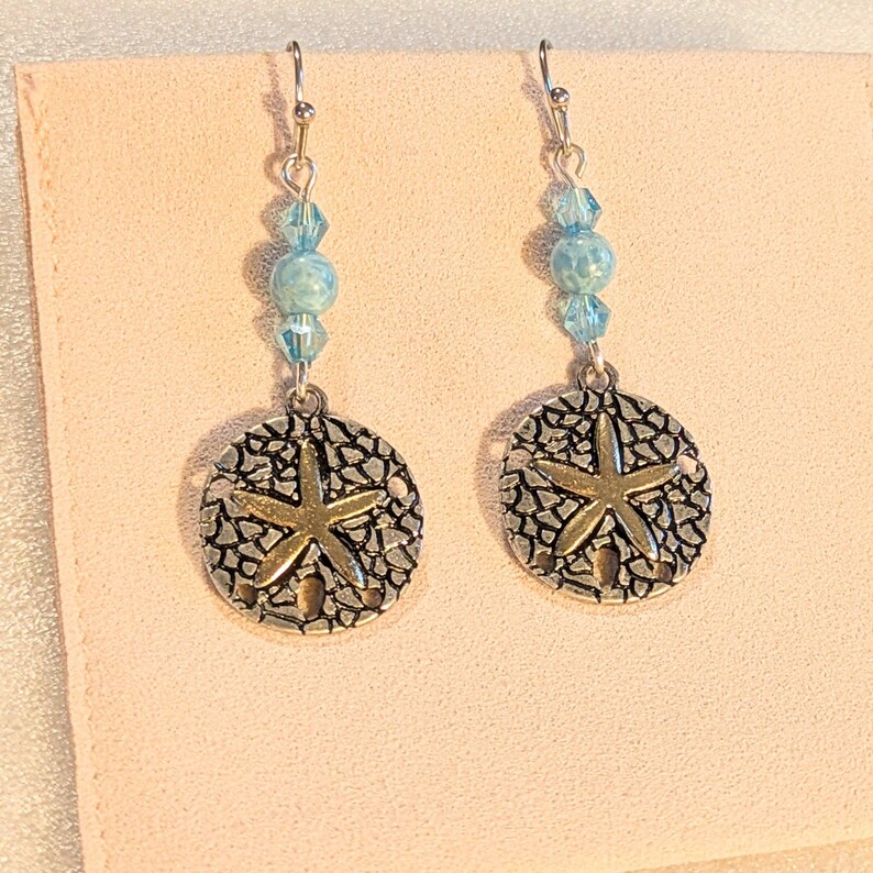 Sand Dollar Larimar Beaded Hook Earrings, Silver - - LadybugfeetDesigns -