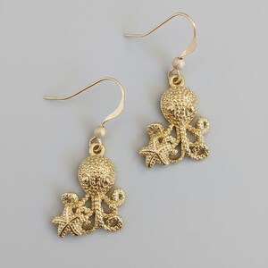 Octopus dangle earrings, Gold - - LadybugfeetDesigns -