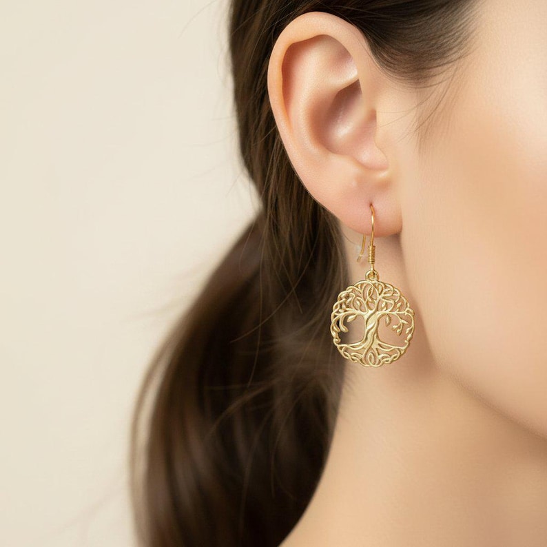 Tree of Life dangle earrings, gold plated - - LadybugfeetDesigns -
