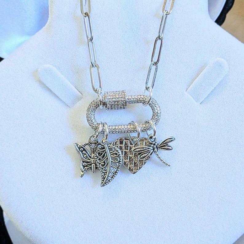 Nature & Love Carabiner Necklace, Silver - Adjusts up to 20 inches - - LadybugfeetDesigns -