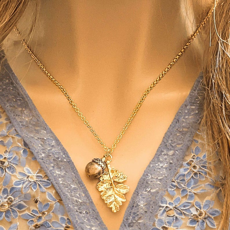 Acorn Oak Leaf Necklace, Gold - - LadybugfeetDesigns -