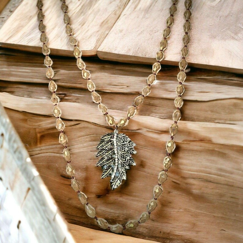 Two-Tone Leaf Champagne Crystal Necklace - 60 inch - - LadybugfeetDesigns -