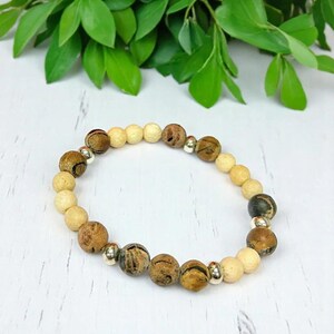 Cream Lava and Wood Bead Unisex Stretch bracelet - - LadybugfeetDesigns -
