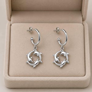 Gold Dolphin Trio Gold Hoop earrings, Hoop Drop - - LadybugfeetDesigns -