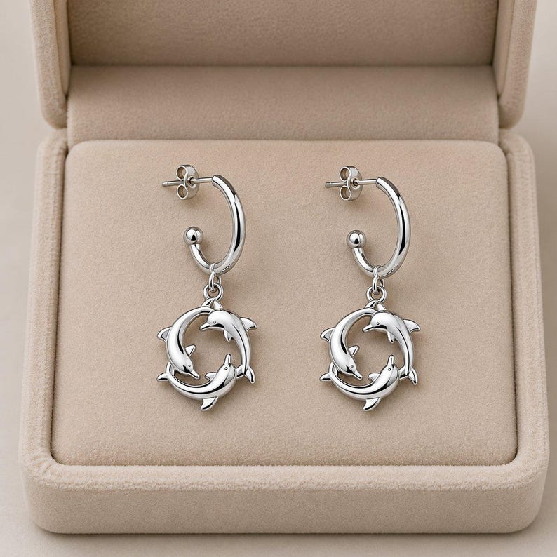 Gold Dolphin Trio Gold Hoop earrings, Hoop Drop - - LadybugfeetDesigns -