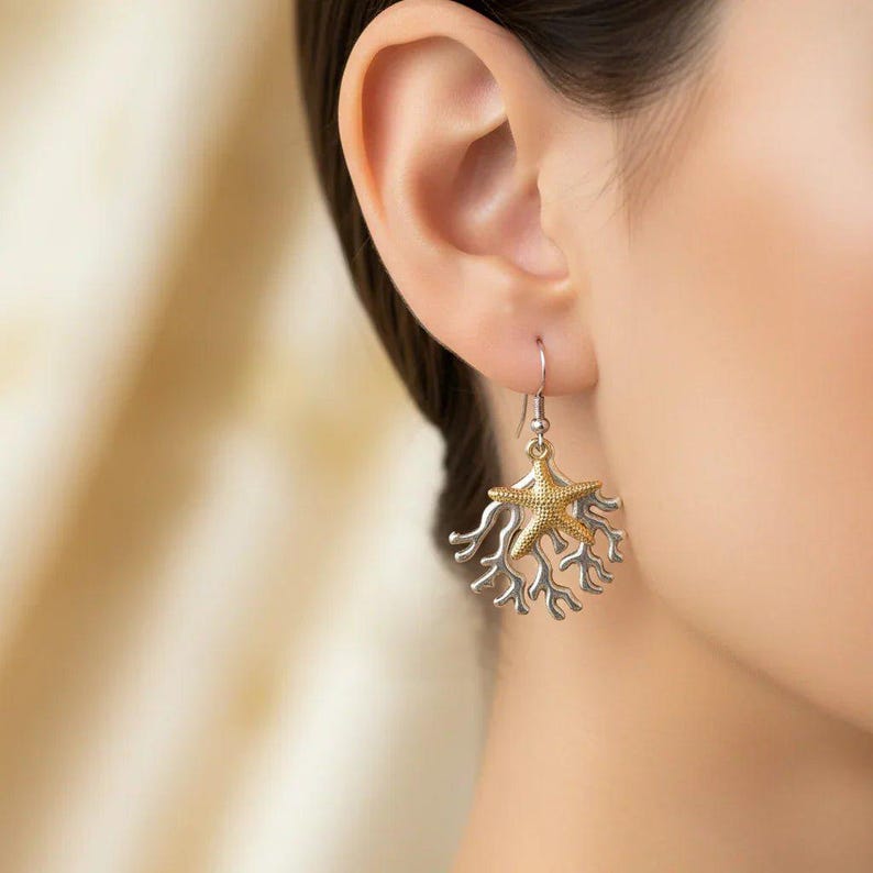 Starfish & Coral dangle earrings, Two-Tone - - LadybugfeetDesigns -