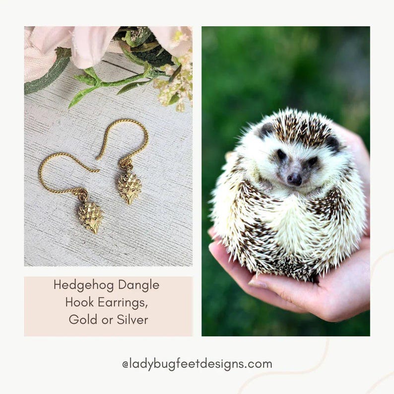 Hedgehog Dangle Hook Earrings, Gold or Silver - - LadybugfeetDesigns -