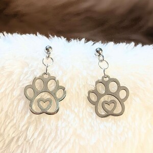 Dog Paw Charm Drop Stud Earrings-Silver - - LadybugfeetDesigns -