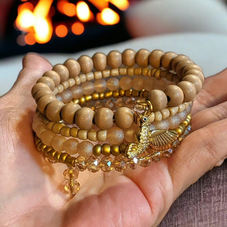 Hummingbird Crystal Beaded Gold Wrap Bracelet - - LadybugfeetDesigns -