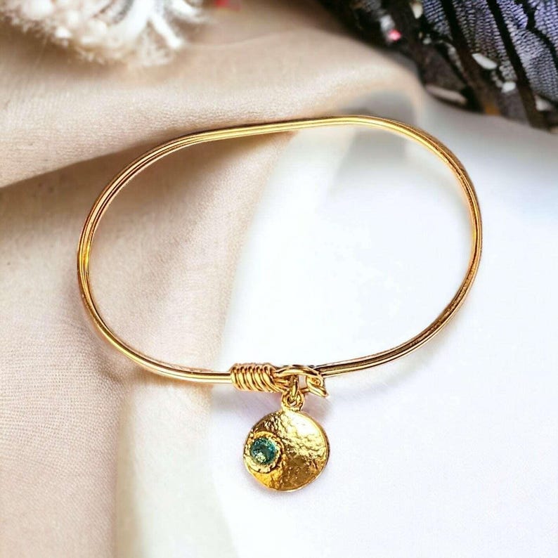 Gold Birthstone Cuff bangle, European Charm Bracelet - - LadybugfeetDesigns -