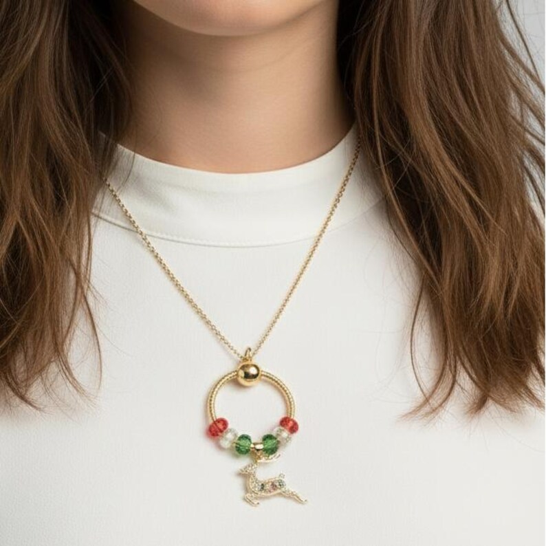 Gold Reindeer Charm Keeper Necklace, Approx. 26 inches - - LadybugfeetDesigns -