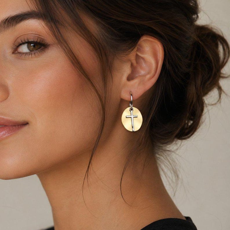 Cross Two-Tone Hoop Earrings, Silver - 16mm - - LadybugfeetDesigns -