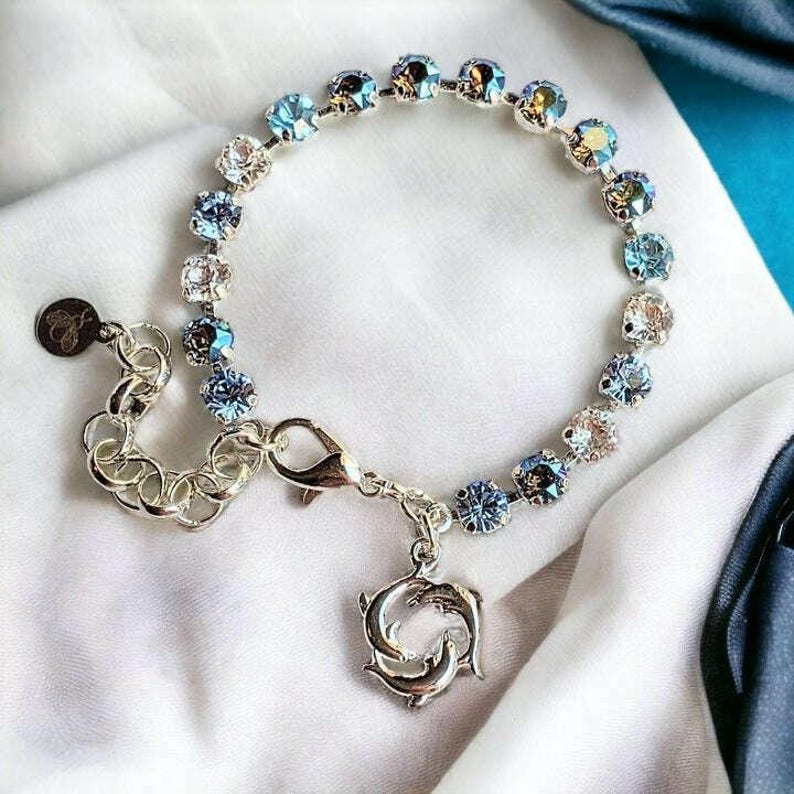 Dolphin Trio Faceted Crystal Bracelet, Silver - - LadybugfeetDesigns -