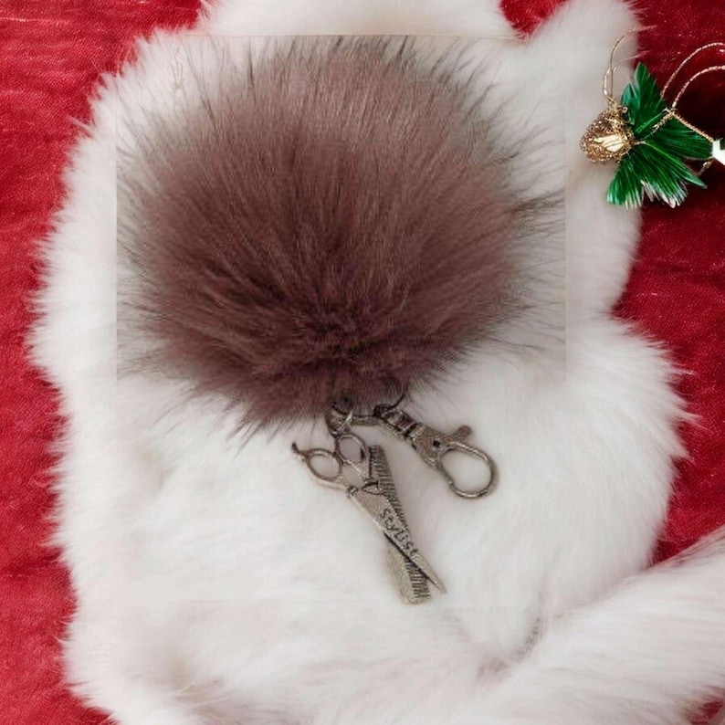 Hair Stylist Keychain/Faux Fur Pom Pom Charm Key Chain-Purse Charm/Journal Charm - - LadybugfeetDesigns -