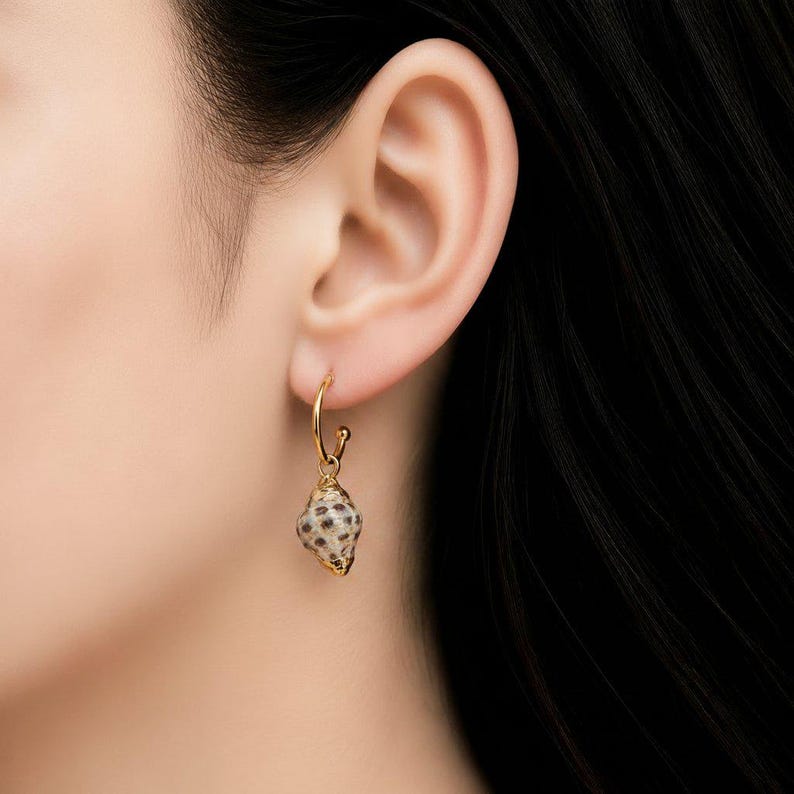 Gold Rimmed Natural Conch Seashell hoop earrings, Gold - 16mm - - LadybugfeetDesigns -