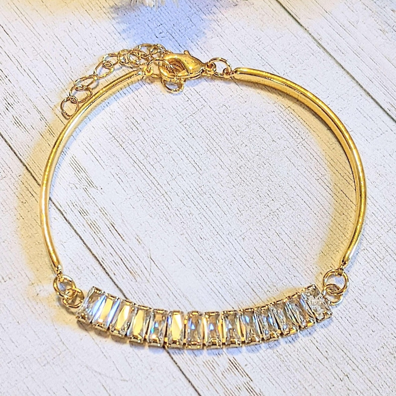 Gold CZ Baguette Bangle Bracelet, Large - - LadybugfeetDesigns -