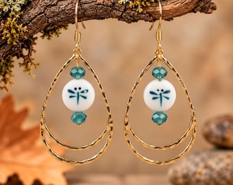 Dragonfly Bead Hammered Teardrop Earrings, Gold