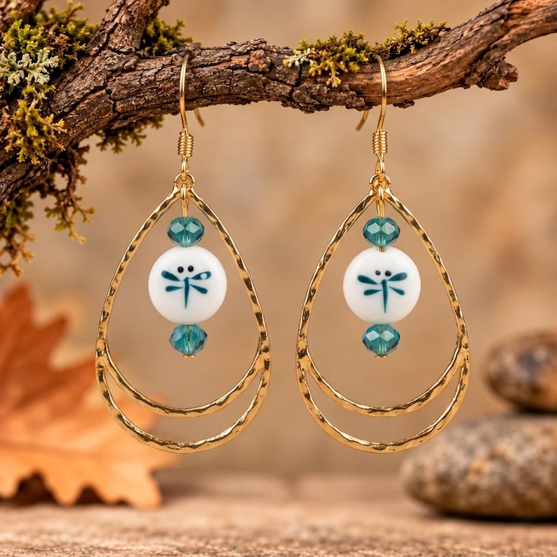Dragonfly Bead Hammered Teardrop Earrings, Gold - - LadybugfeetDesigns -