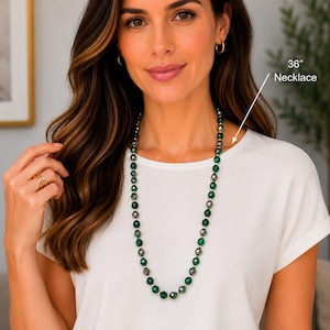 Festive Silver Green Crystal Knotted Necklace -36 inch - - LadybugfeetDesigns -