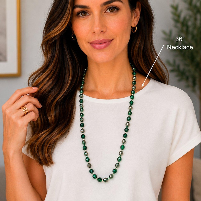 Festive Silver Green Crystal Knotted Necklace -36 inch - - LadybugfeetDesigns -