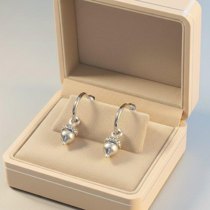 Acorn Hoop Earrings, Silver - 16mm - - LadybugfeetDesigns -