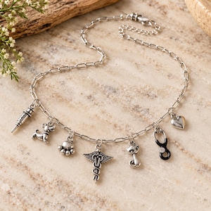 Veterinary Multi Charm Link Necklace, Silver - 20 inch - - LadybugfeetDesigns -