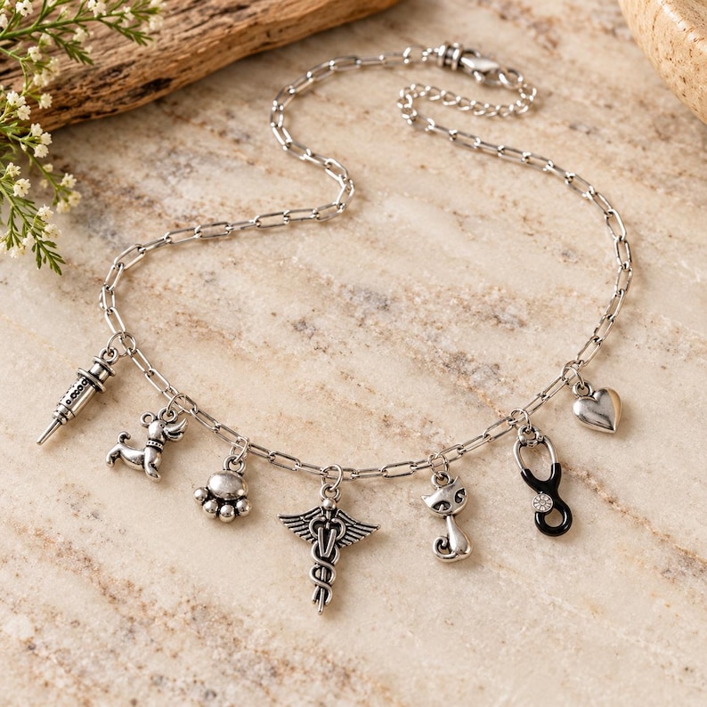 Veterinary Multi Charm Link Necklace, Silver - 20 inch - - LadybugfeetDesigns -