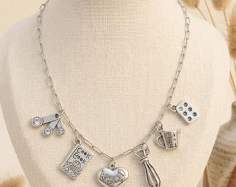 I Love Cooking Multi Charm Link Necklace, Silver - 20 inch