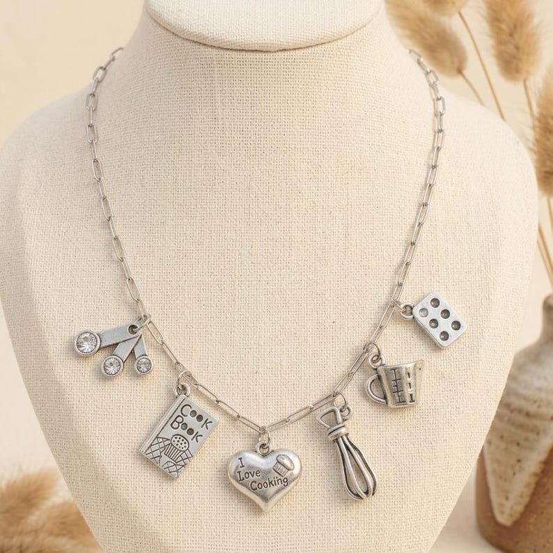I Love Cooking Multi Charm Link Necklace, Silver - 20 inch - - LadybugfeetDesigns -