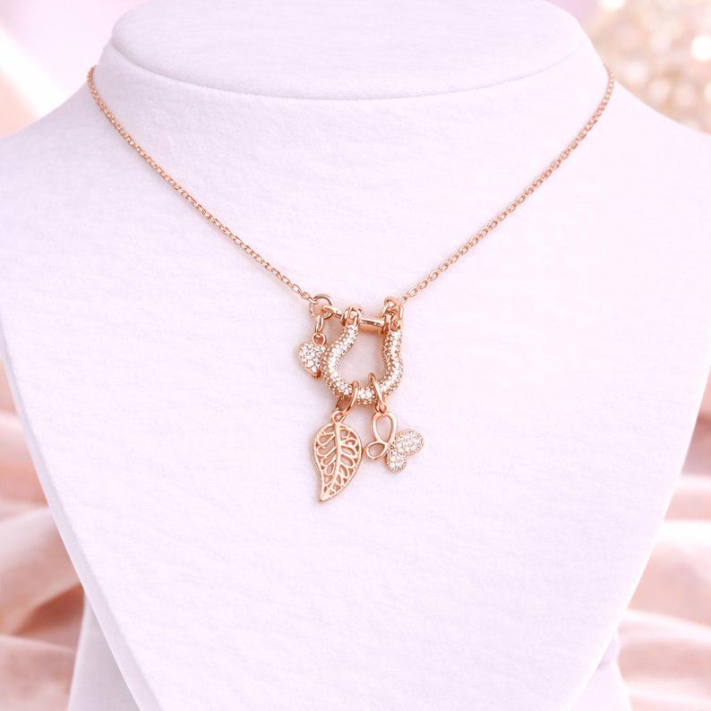 Leaf Butterfly Shackle Clasp Carabiner Charm Necklace, Rose-Gold - Adjustable up to 24 inches - - LadybugfeetDesigns -