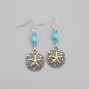 Sand Dollar Larimar Beaded Hook Earrings, Silver - - LadybugfeetDesigns -